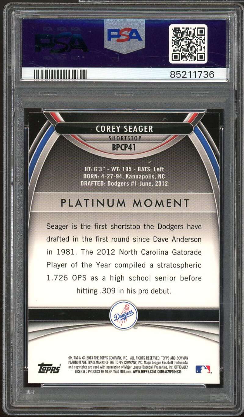 Corey Seager 2013 Bowman Platinum Chrome Pros Purple Refractor #BPCP41 PSA 9 Image 2