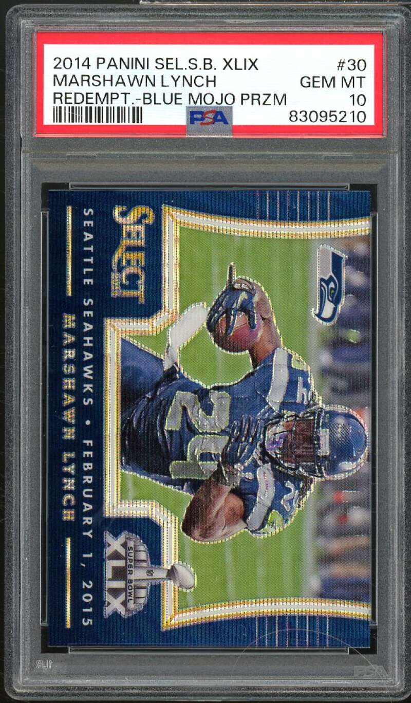 Marshawn Lynch 2014 Select Super Bowl XLIX Redemption Blue Mojo Prizm #30 PSA 10 Image 1