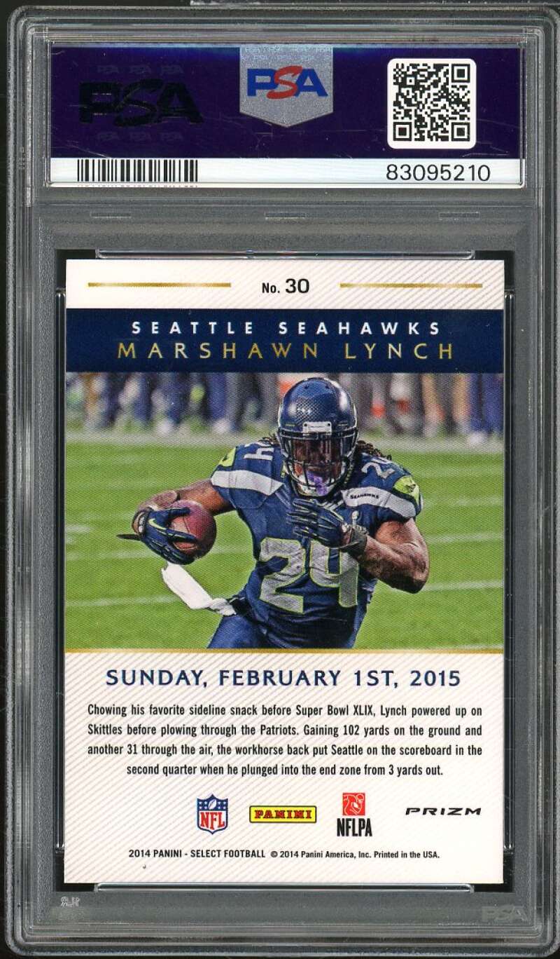 Marshawn Lynch 2014 Select Super Bowl XLIX Redemption Blue Mojo Prizm #30 PSA 10 Image 2