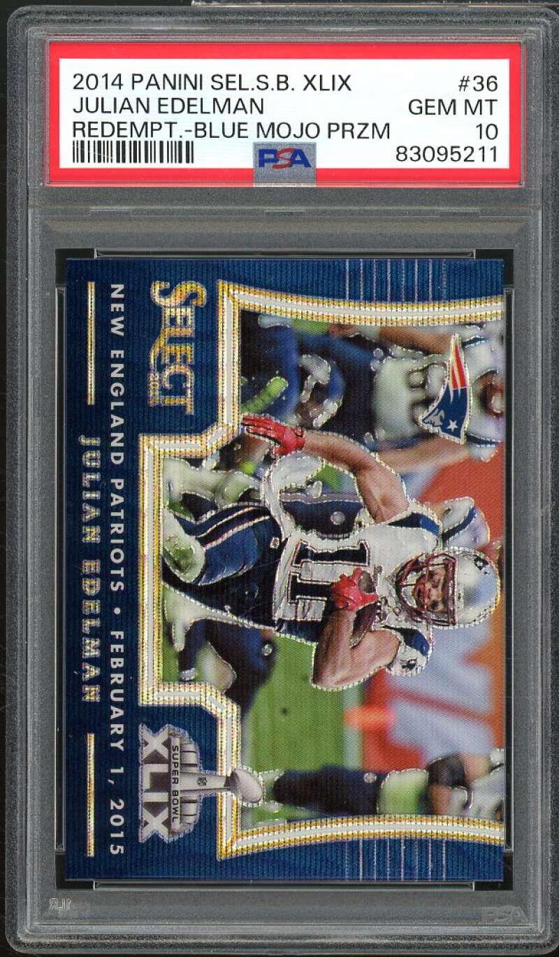 Julian Edelman 2014 Select Super Bowl XLIX Redemption Blue Mojo Prizm #36 PSA 10 Image 1