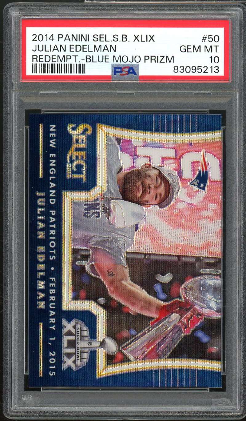 Julian Edelman 2014 Select Super Bowl XLIX Redemption Blue Mojo Prizm #50 PSA 10 Image 1