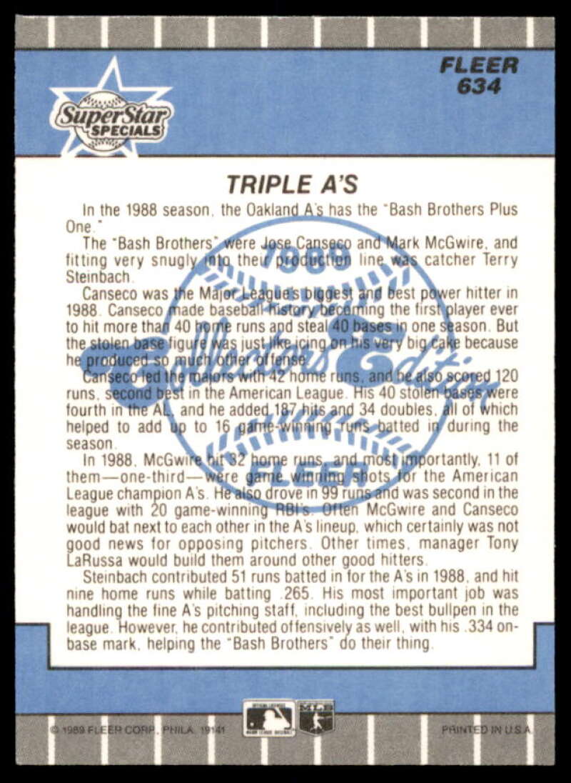 Mark McGwire/Jose Canseco/Terry Steinbach Card 1989 Fleer Glossy #634  Image 2