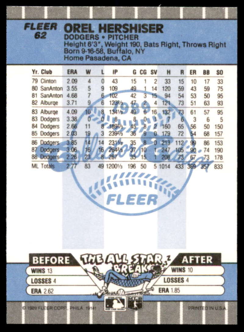 Orel Hershiser Card 1989 Fleer Glossy #62  Image 2