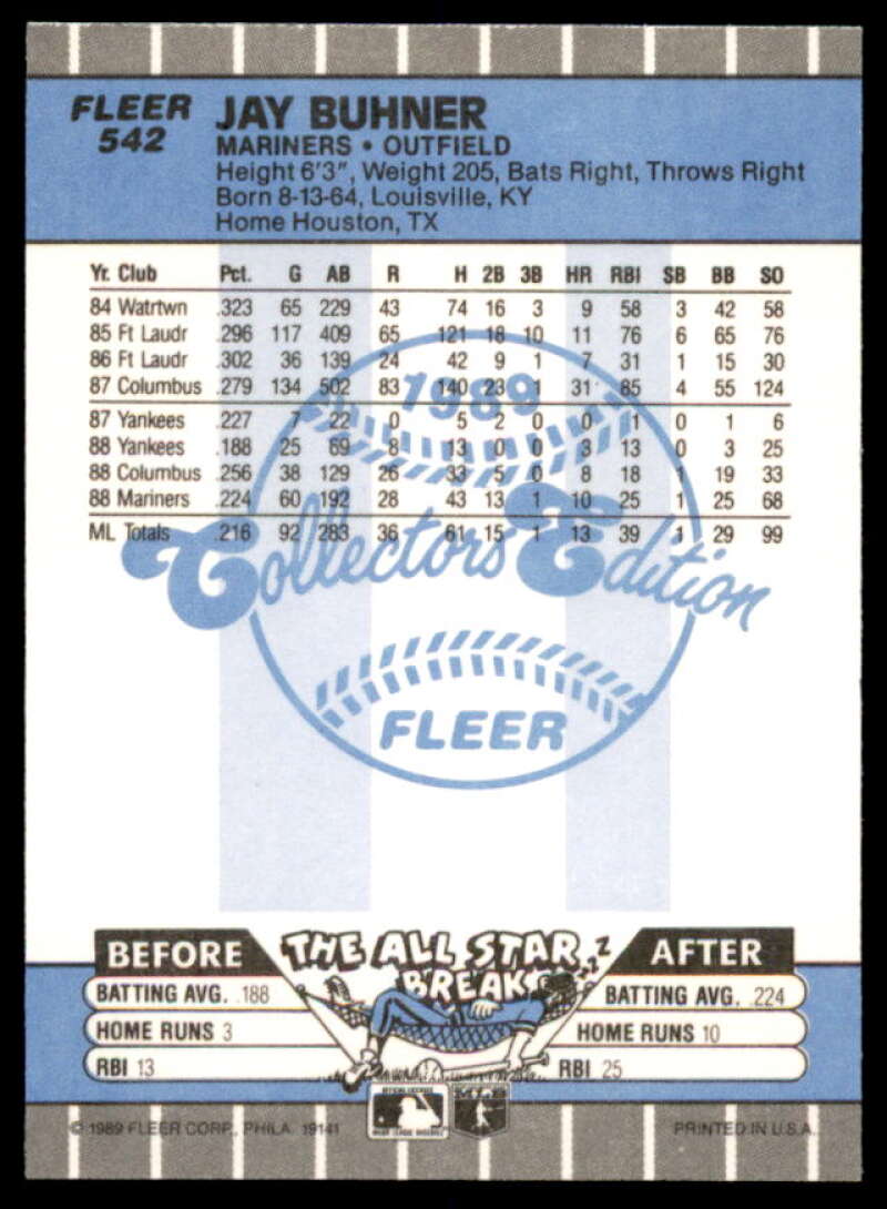 Jay Buhner Card 1989 Fleer Glossy #542  Image 2