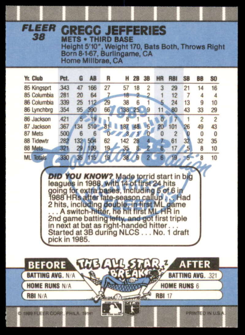 Gregg Jefferies Card 1989 Fleer Glossy #38  Image 2