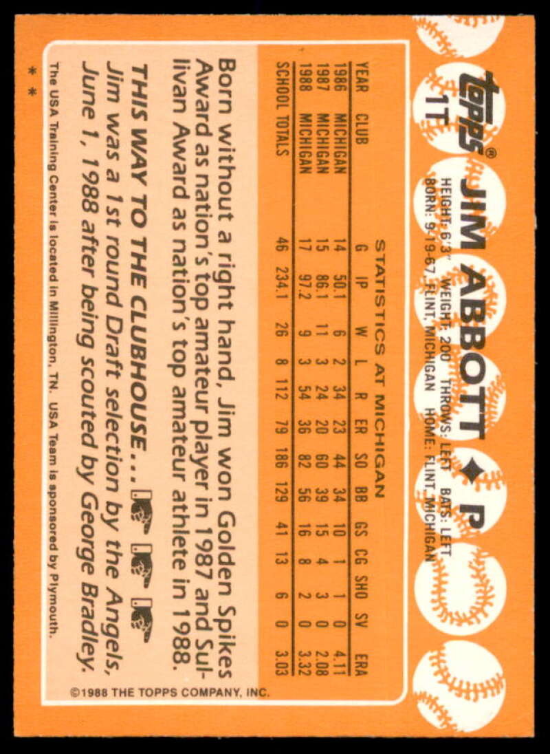 Jim Abbott OLY XRC Rookie Card 1988 Topps Traded #1T  Image 2