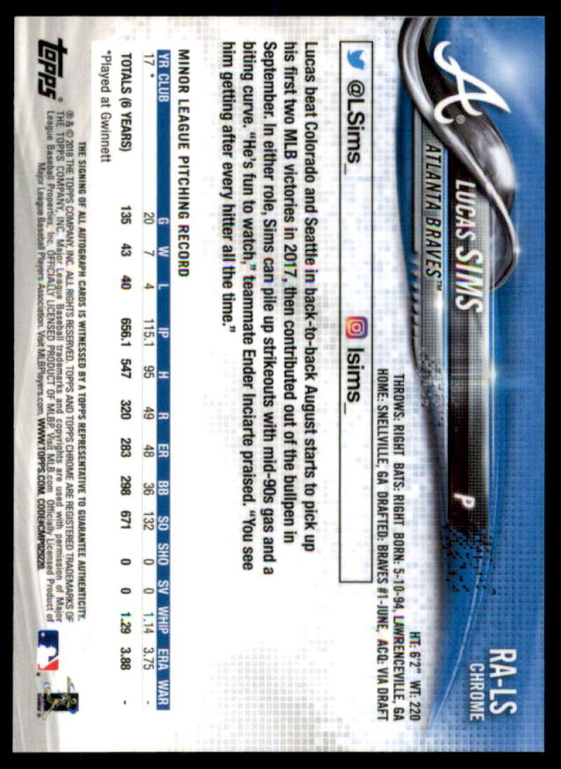 Lucas Sims Rookie Card 2018 Topps Chrome Rookie Autographs #RALS  Image 2