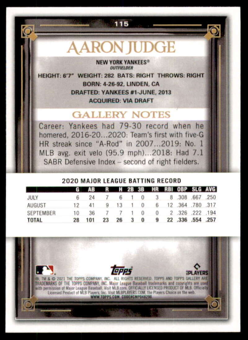 Aaron Judge Card 2021 Topps Gallery Printer Proofs #115  Image 2