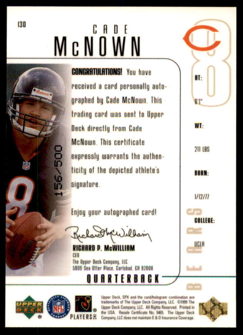 Cade McNown AU/500 Rookie Card 1999 SPx #130  Image 2