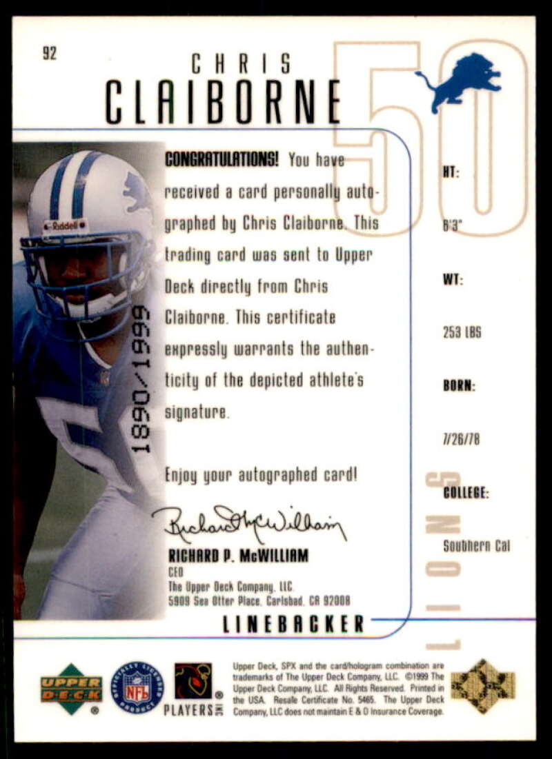 Chris Claiborne AU Rookie Card 1999 SPx #92  Image 2