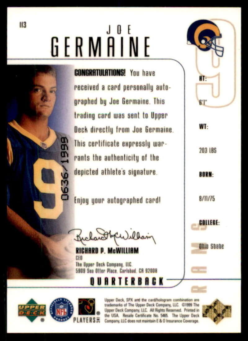 Joe Germaine AU Rookie Card 1999 SPx #113  Image 2