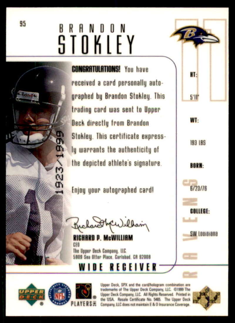 Brandon Stokley AU Rookie Card 1999 SPx #95  Image 2