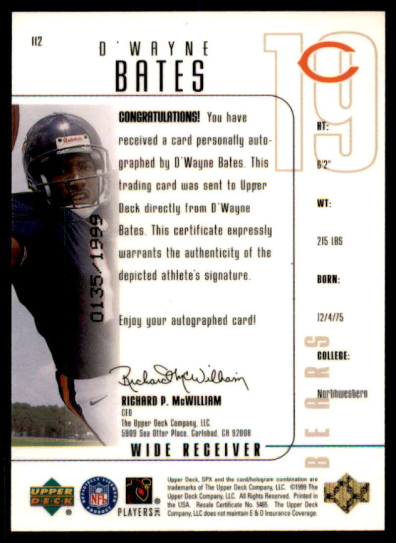D'Wayne Bates AU Rookie Card 1999 SPx #112  Image 2