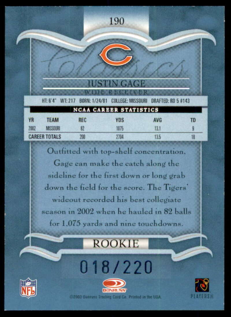 Justin Gage Rookie Card 2003 Donruss Classics Significant Signatures #190  Image 2