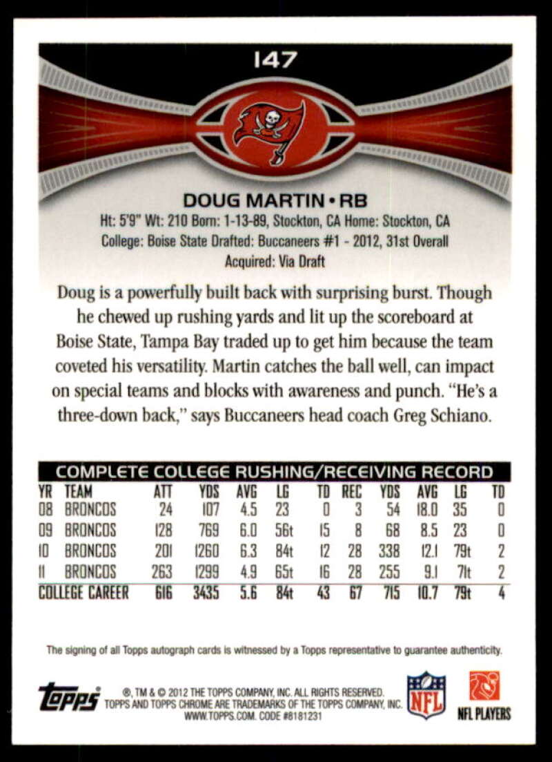 Doug Martin Rookie Card 2012 Topps Chrome Rookie Autographs #147  Image 2