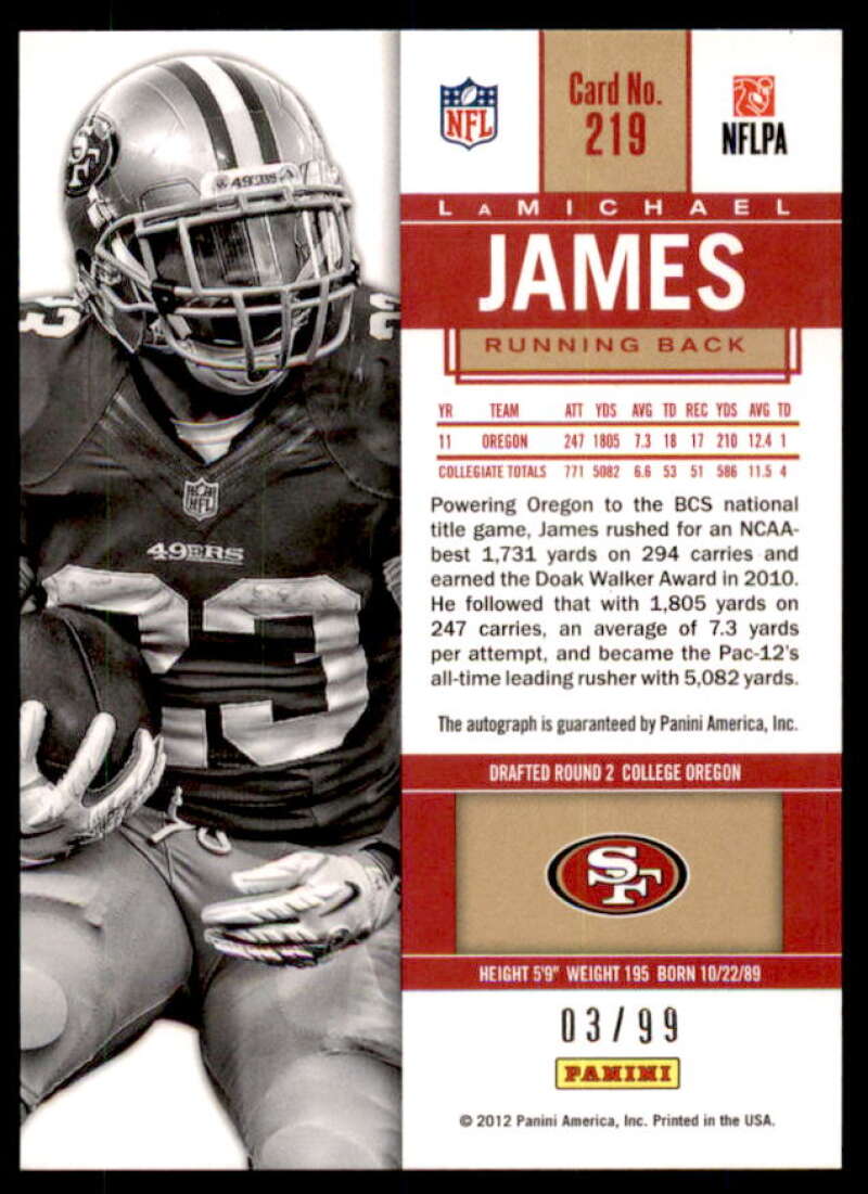 LaMichael James AU Rookie Card 2012 Panini Contenders Playoff Ticket #219  Image 2