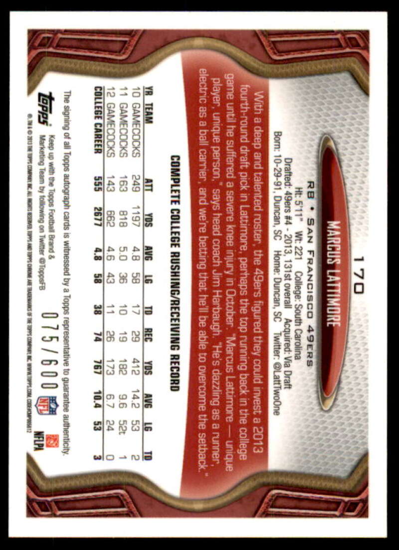 Marcus Lattimore Rookie Card 2013 Topps Chrome Rookie Autographs #170  Image 2