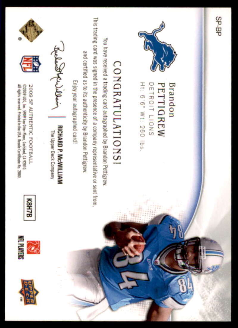 Brandon Pettigrew Card 2009 SP Authentic Autographs #SPBP  Image 2