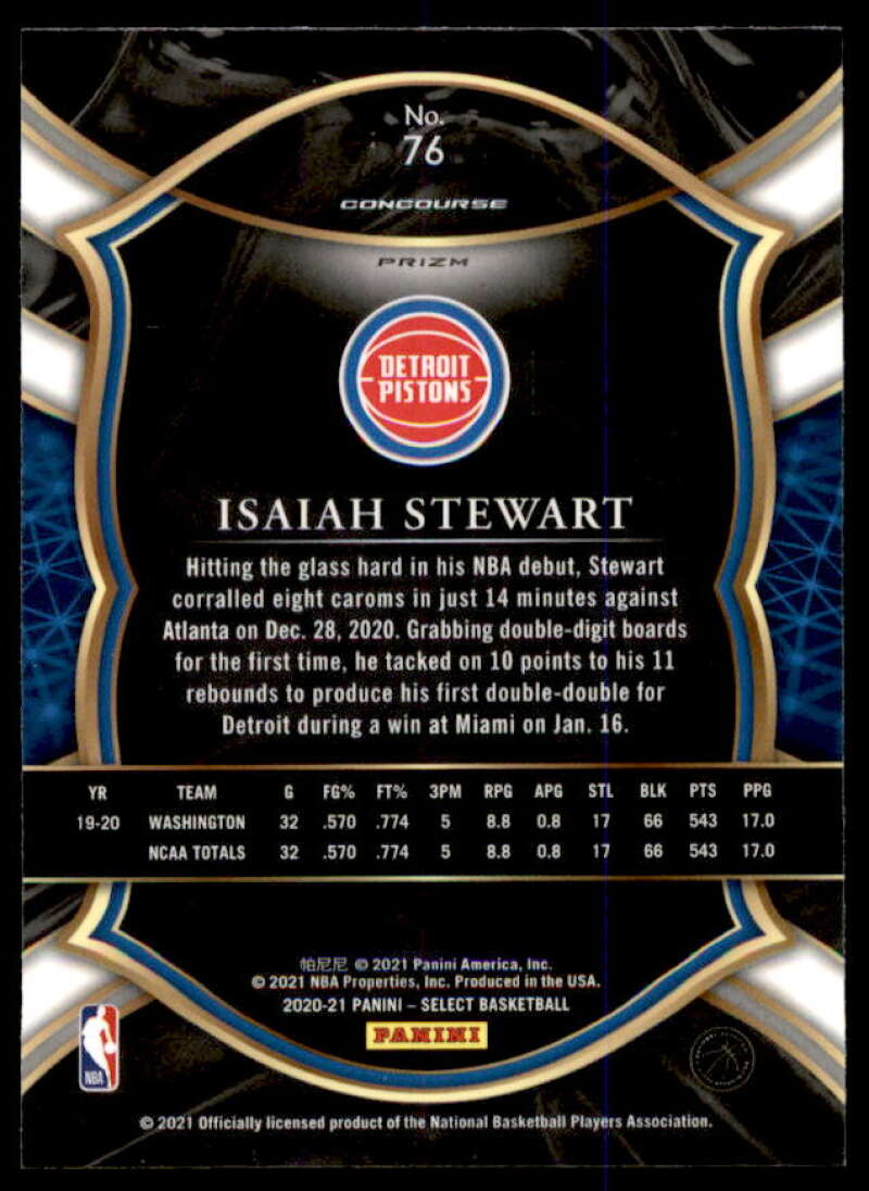 Isaiah Stewart Rookie Card 2020-21 Select Prizms Blue White Purple Ice #76  Image 2