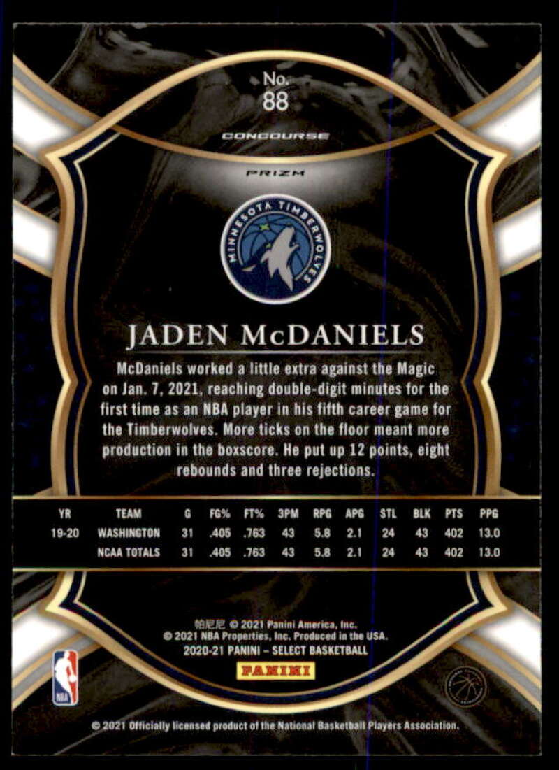 Jaden McDaniels Rookie Card 2020-21 Select Prizms Red White Orange Shimmer #88  Image 2