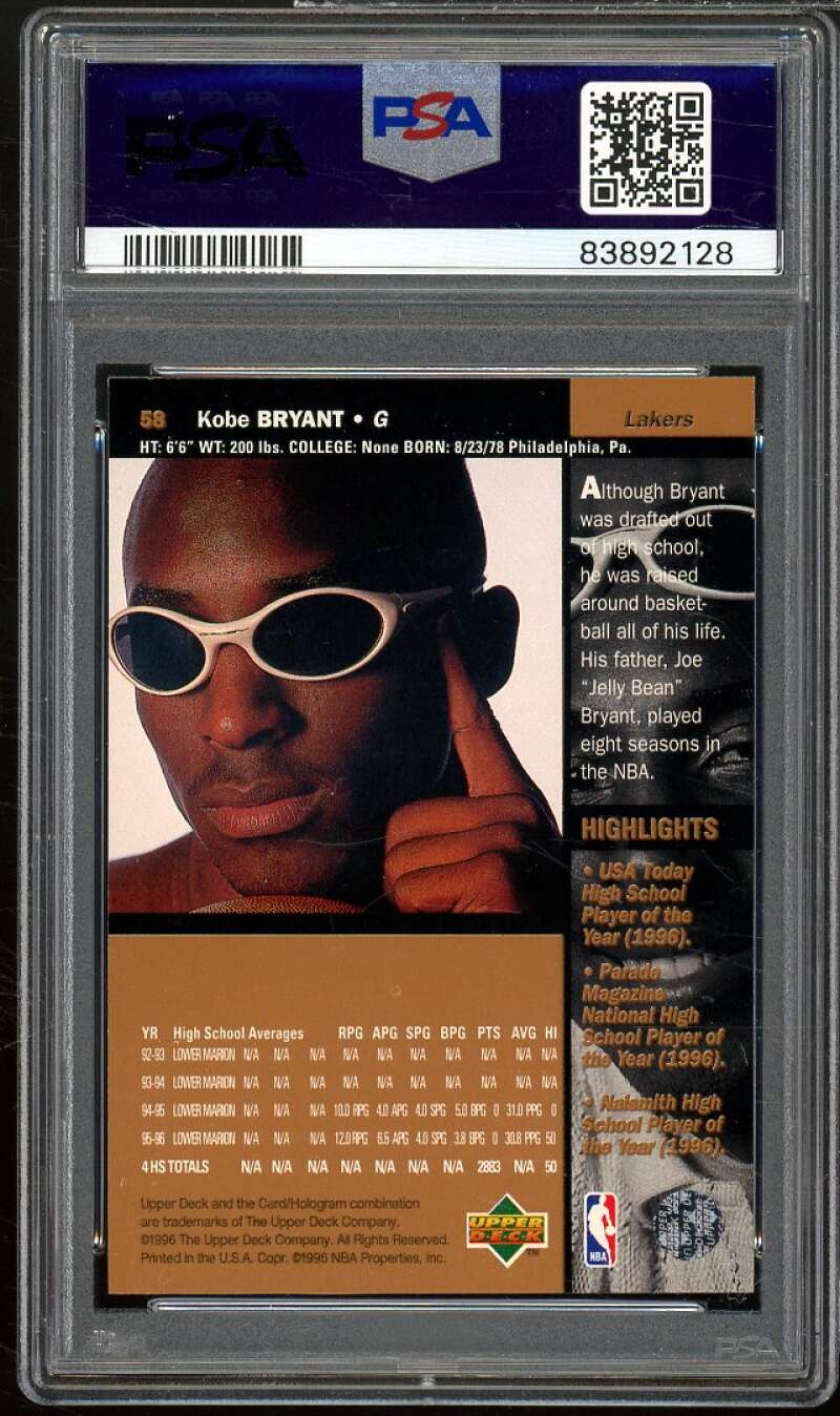 Kobe Bryant Rookie Card 1996-97 Upper Deck #58 PSA 9 Image 2