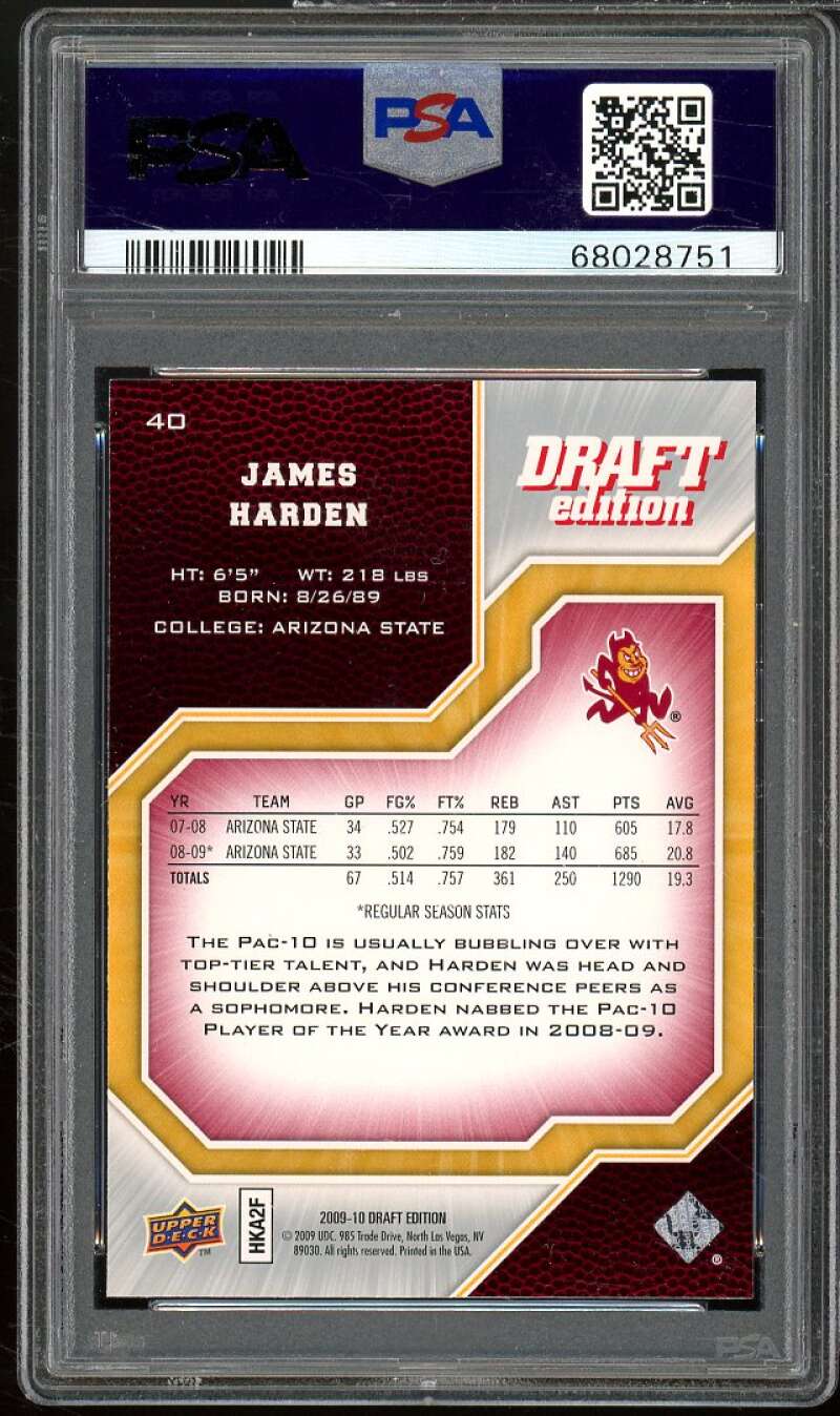 James Harden Rookie Card 2009-10 Upper Deck Draft Edition #40 PSA 10 Image 2