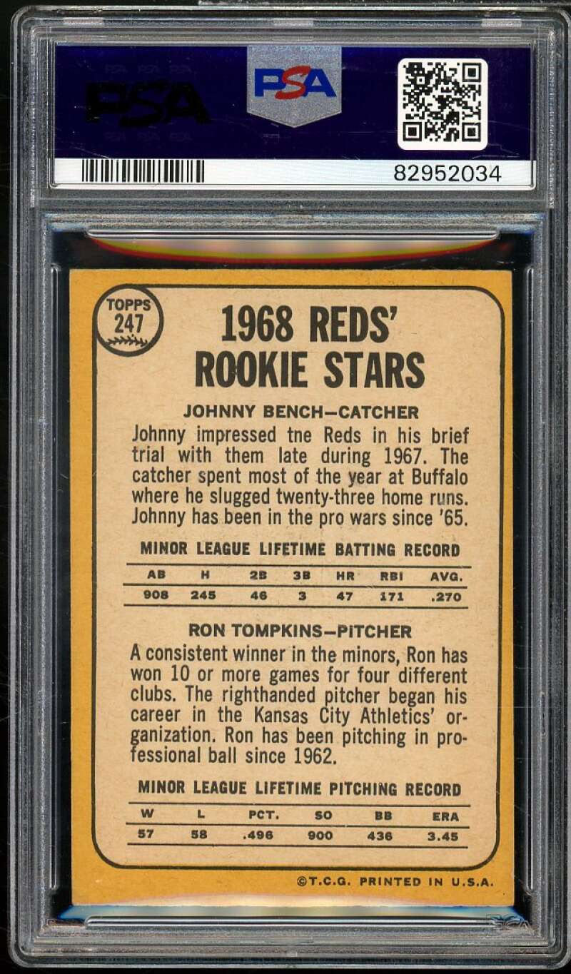 Johnny Bench Rookie Card 1968 Topps #247 PSA 4 Image 2