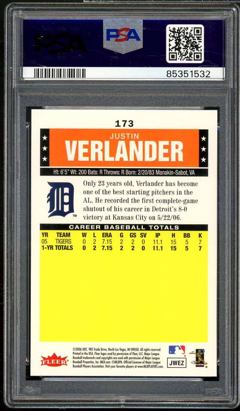 Justin Verlander Rookie Card 2006 Fleer Tradition #173 PSA 10 Image 2