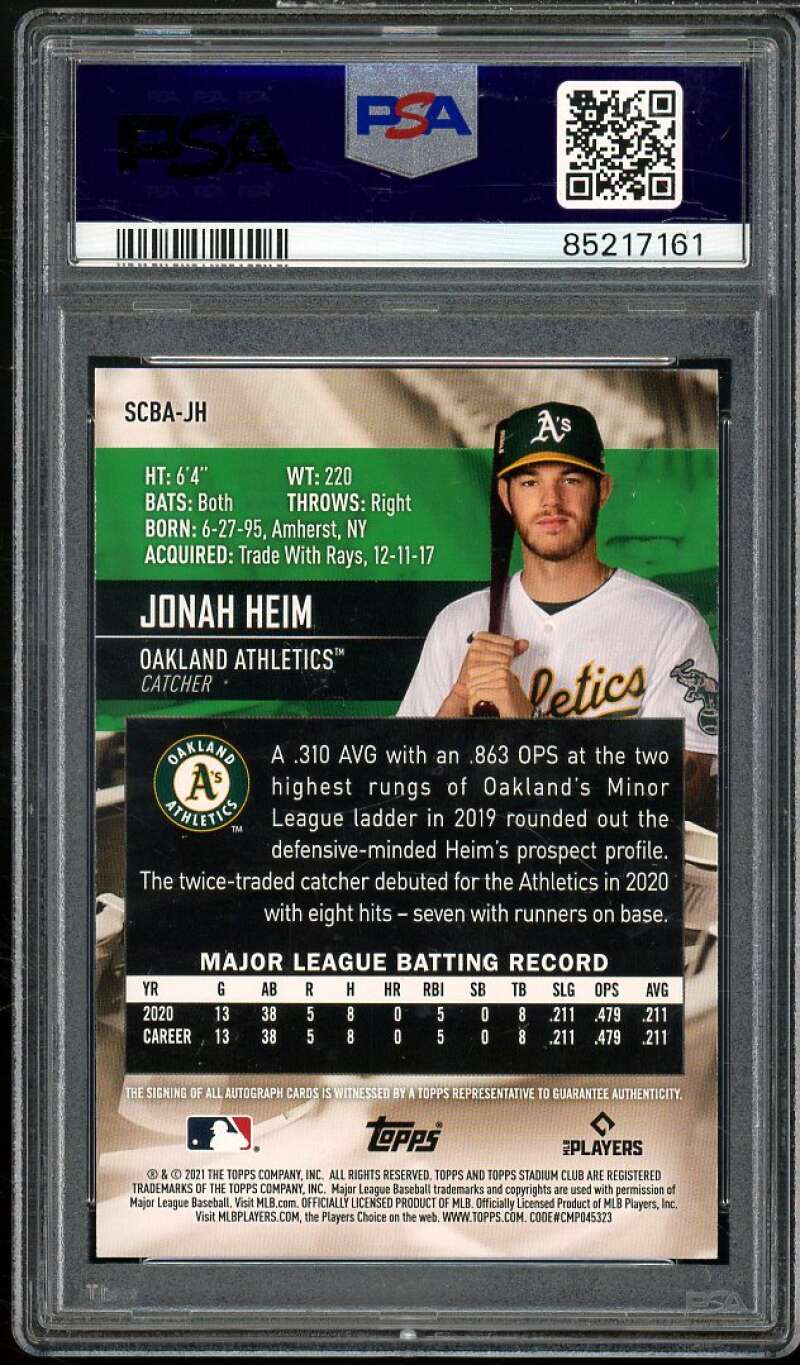 Jonah Heim Rookie Card 2021 Stadium Club Autographs #SCBAJH PSA 9 Image 2