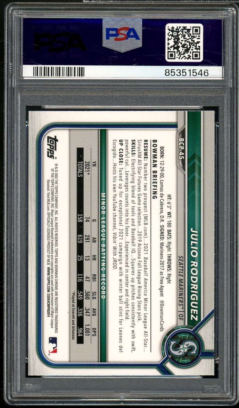 Julio Rodriguez Card 2022 Bowman Mega Box Chrome #45 PSA 10 Image 2