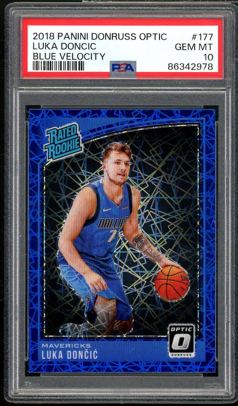 Luka Doncic Rookie Card 2018-19 Panini Donruss Optic Blue Velocity #177 PSA 10 Image 1