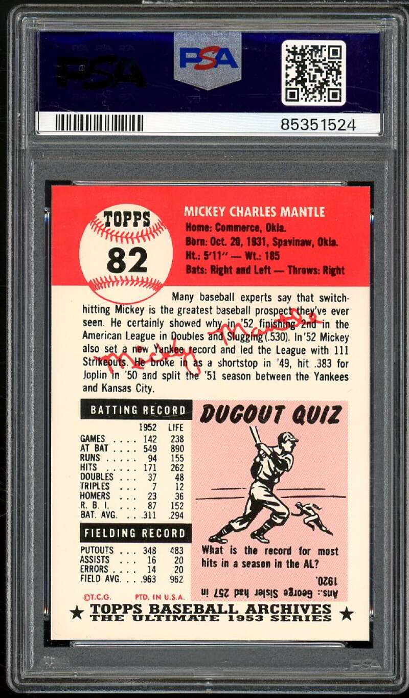 Mickey Mantle Card 1991 Topps Archives 1953 Reprint #82 PSA 9 Image 2