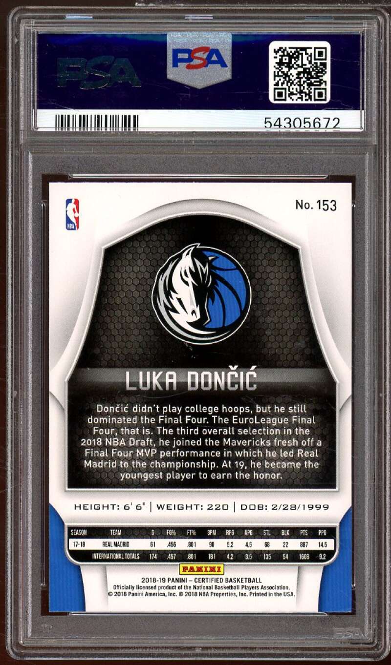 Luka Doncic Rookie Card 2018-19 Panini Certified #153 PSA 9 Image 2