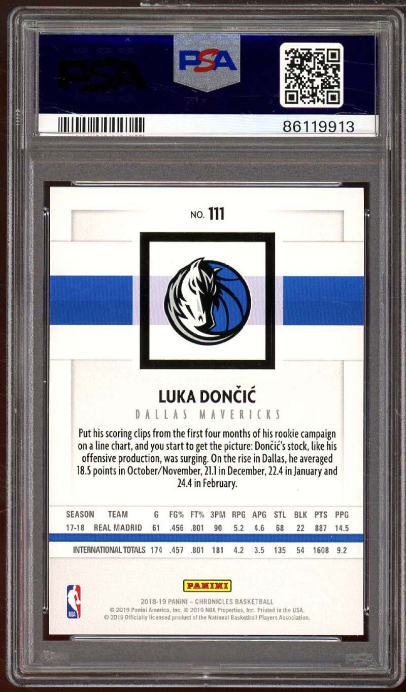 Luka Doncic Rookie Card 2018-19 Panini Chronicles #111 PSA 10 Image 2