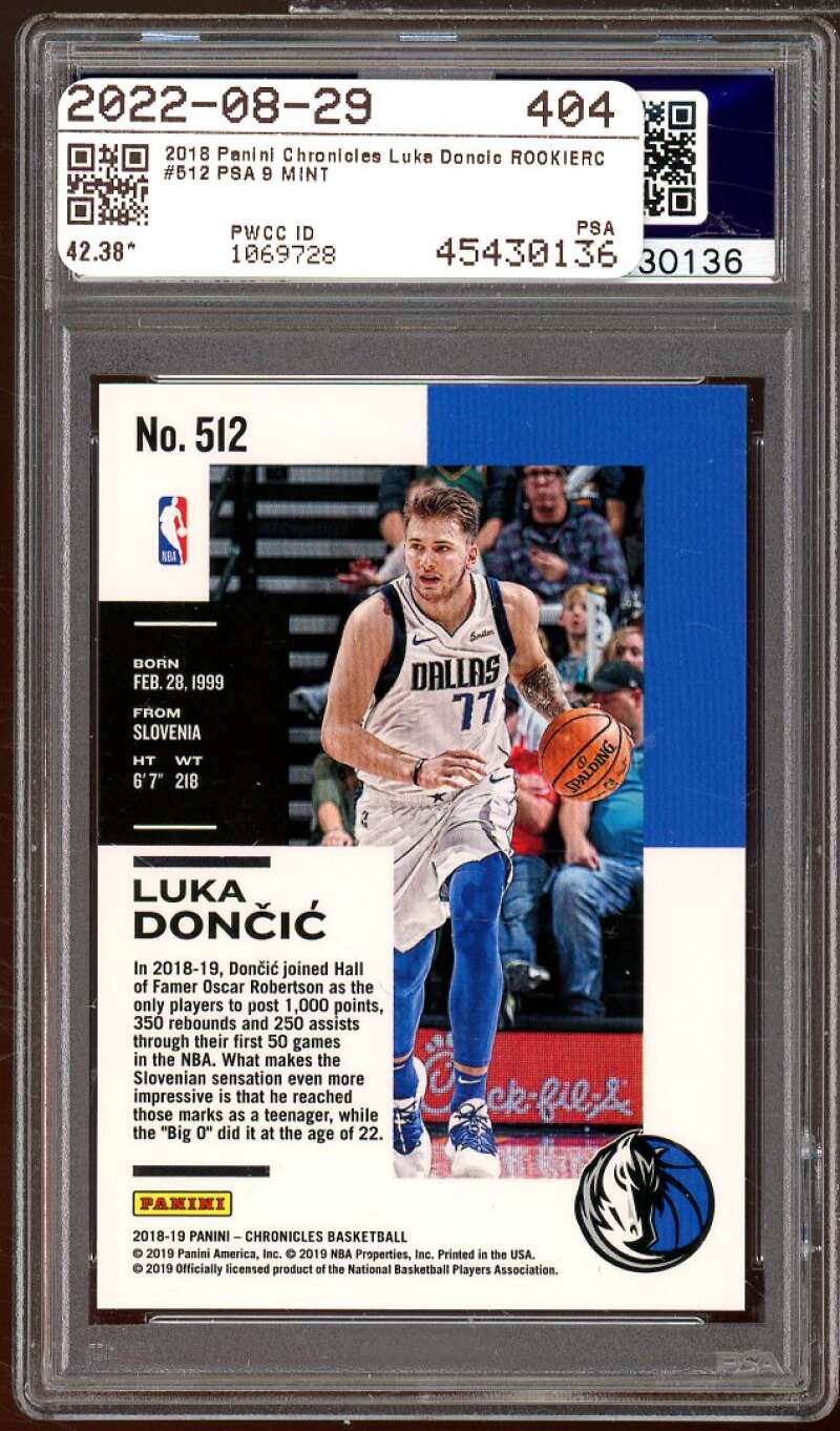 Luka Doncic Rookie Card 2018-19 Panini Chronicles #512 PSA 9 Image 2