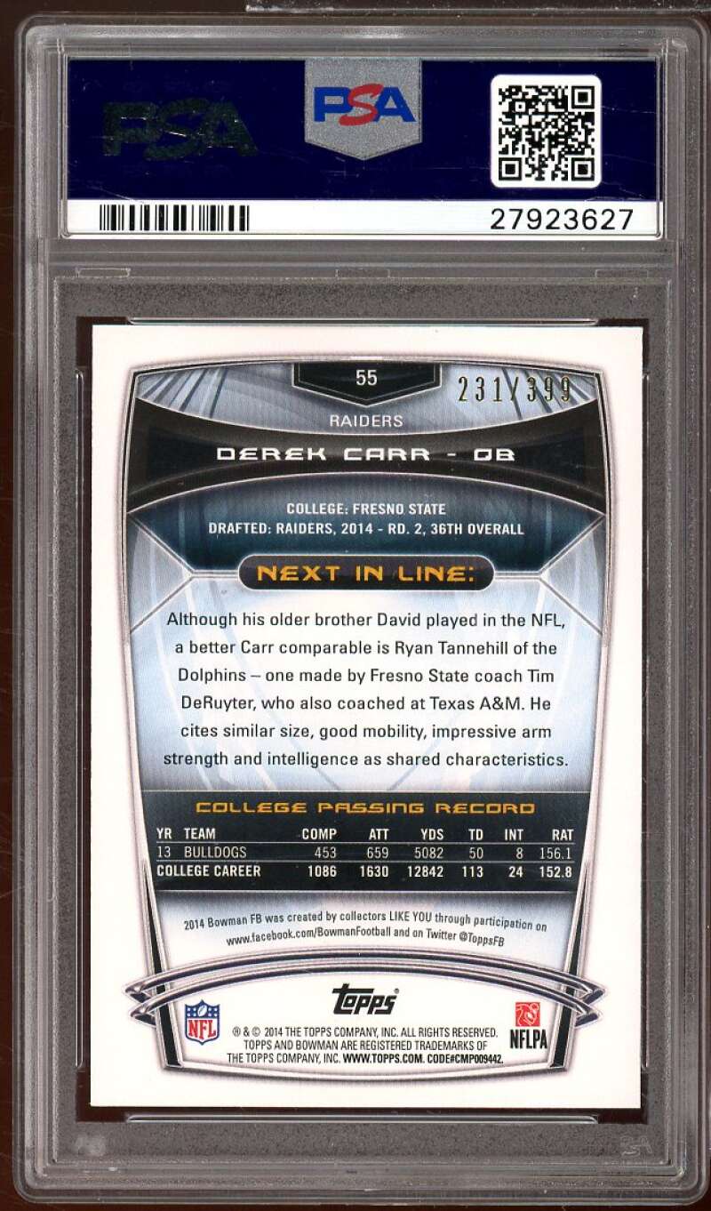 Derek Carr Rookie Card 2014 Bowman Rookies Gold #55 PSA 10 Image 2