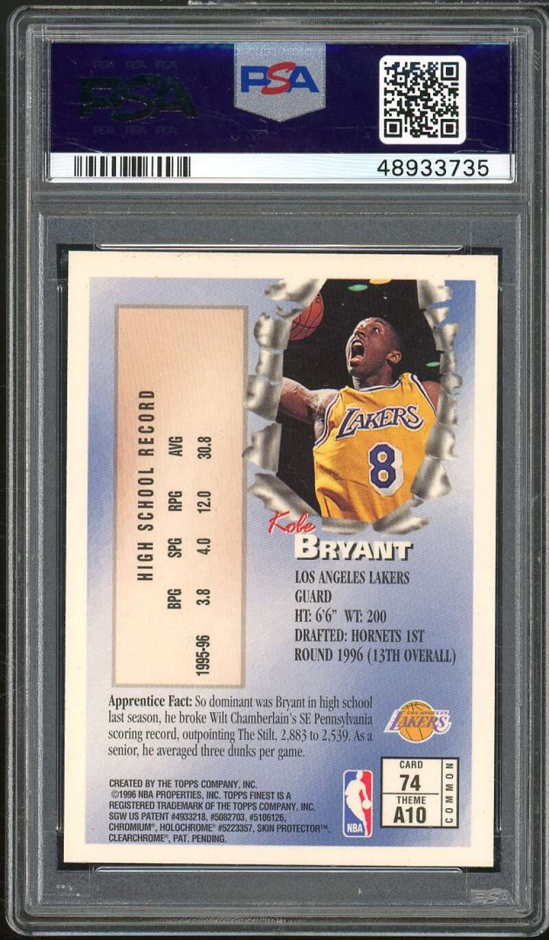 Kobe Bryant Rookie Card 1996-97 Finest w/coating #74 PSA 9 Image 2