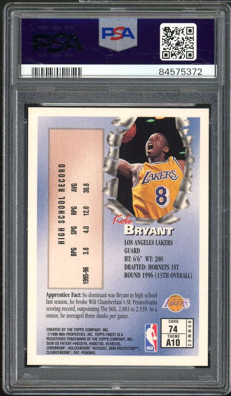 Kobe Bryant Rookie Card 1996-97 Finest w/coating #74 PSA 9 Image 2