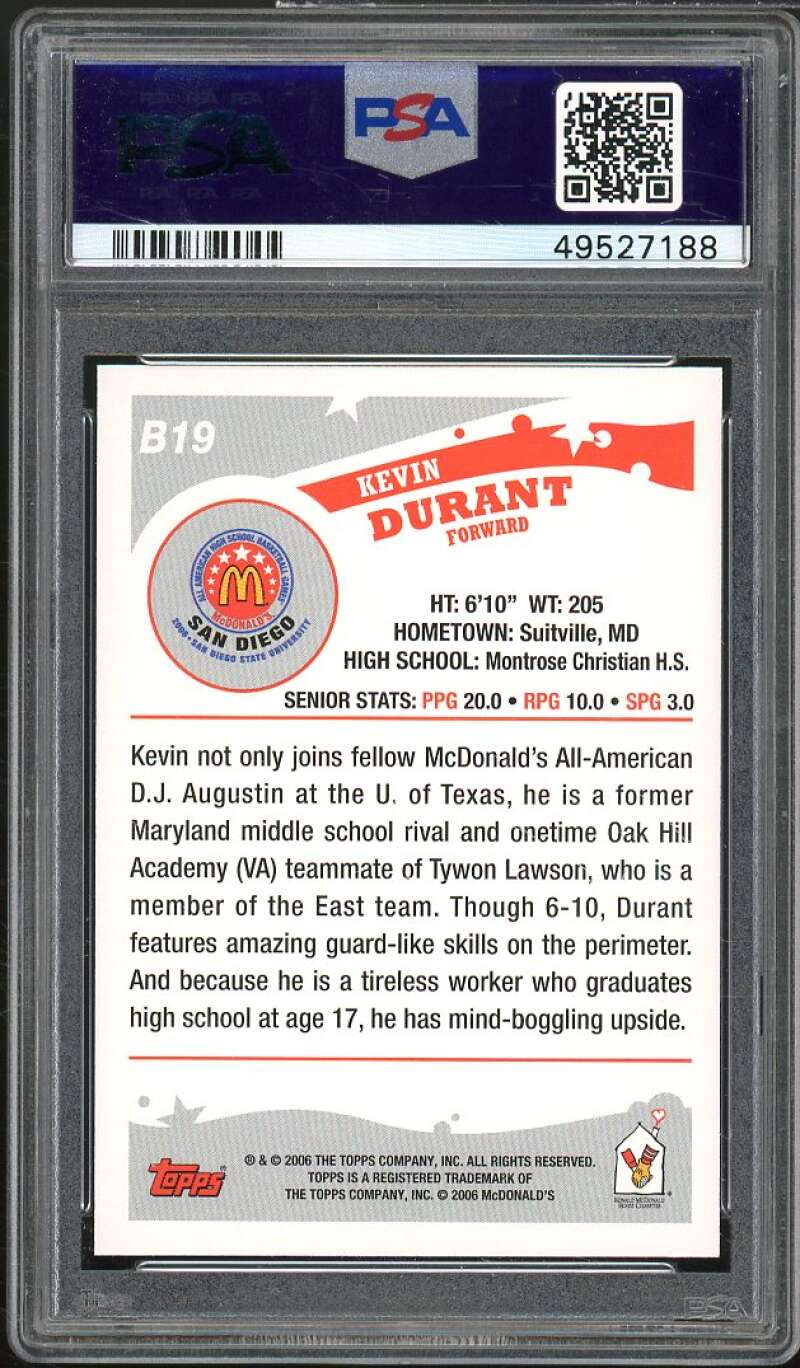 Kevin Durant Rookie Card 2006 Topps McDonald's All-American Game #B19 PSA 10 Image 2