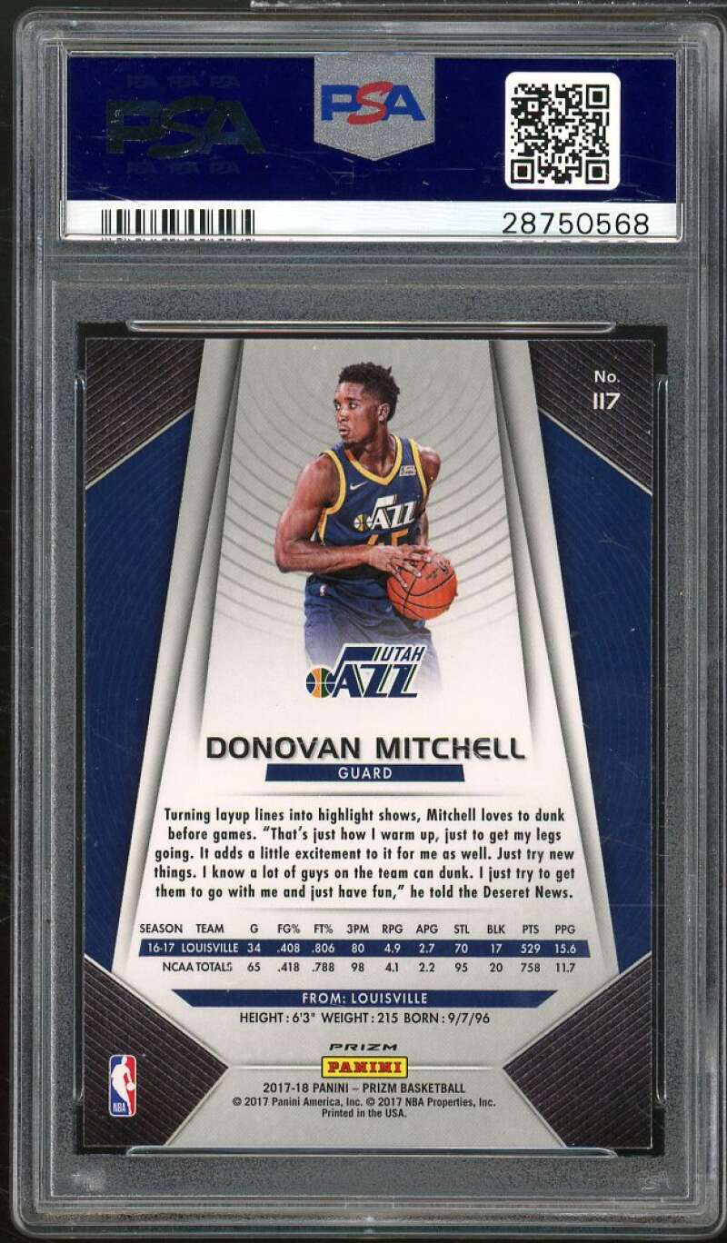 Donovan Mitchell Rookie Card 2017-18 Panini Prizm Ruby Wave #117 PSA 10 Image 2