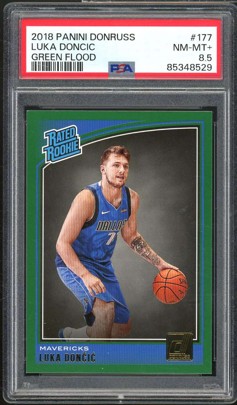 Luka Doncic Rookie Card 2018-19 Panini Donruss Green Flood #177 PSA 8.5 Image 1