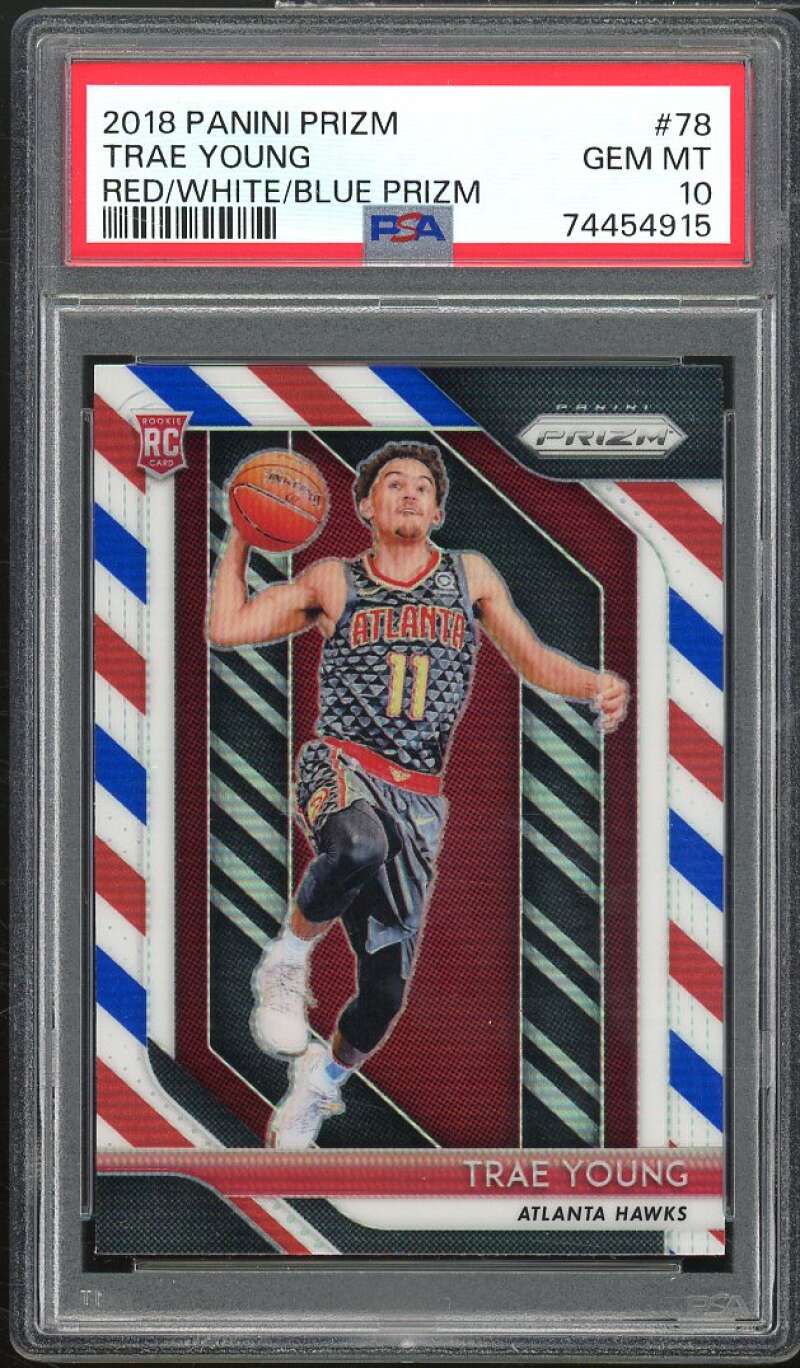 Trae Young Rookie Card 2018-19 Panini Prizm Prizms Red White Blue #78 PSA 10 Image 1