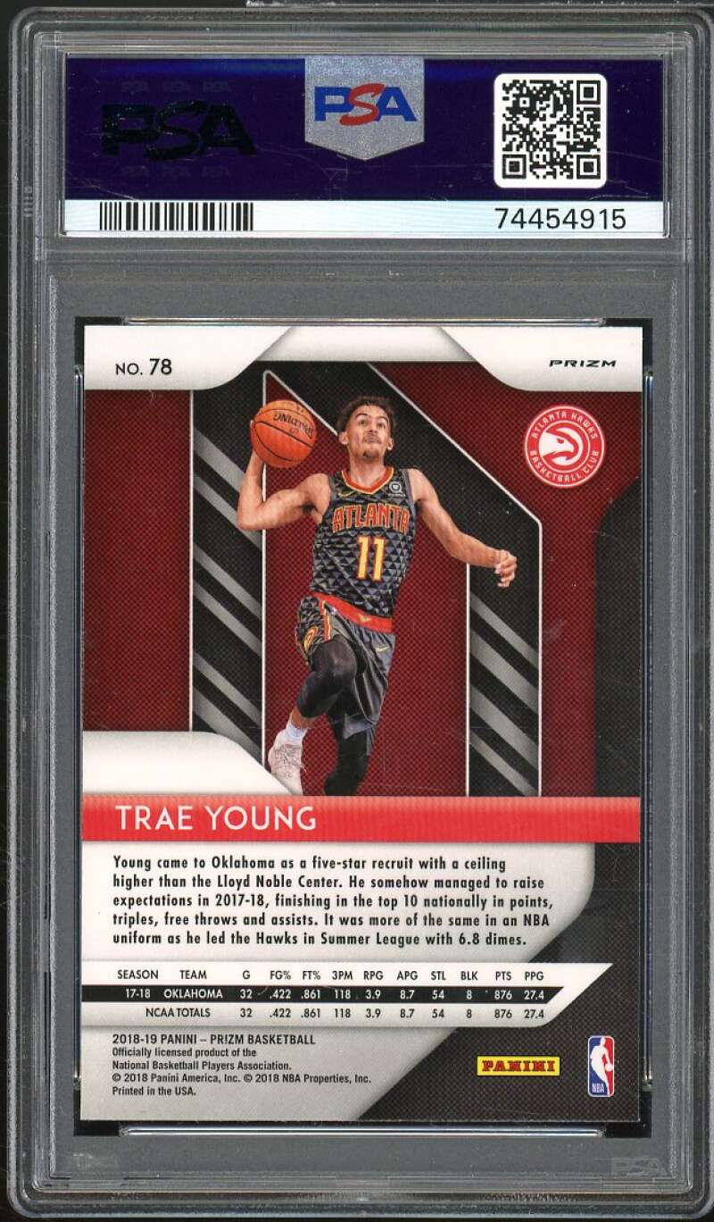 Trae Young Rookie Card 2018-19 Panini Prizm Prizms Red White Blue #78 PSA 10 Image 2