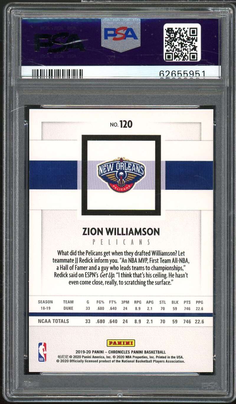 Zion Williamson Rookie Card 2019-20 Panini Chronicles Green #120 PSA 10 Image 2