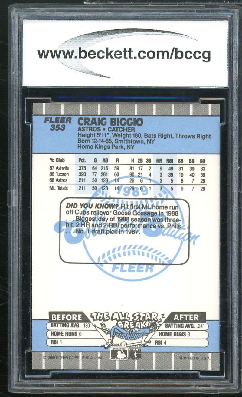 Craig Biggio Rookie Card 1989 Fleer Glossy #353 BGS BCCG 9 Image 2