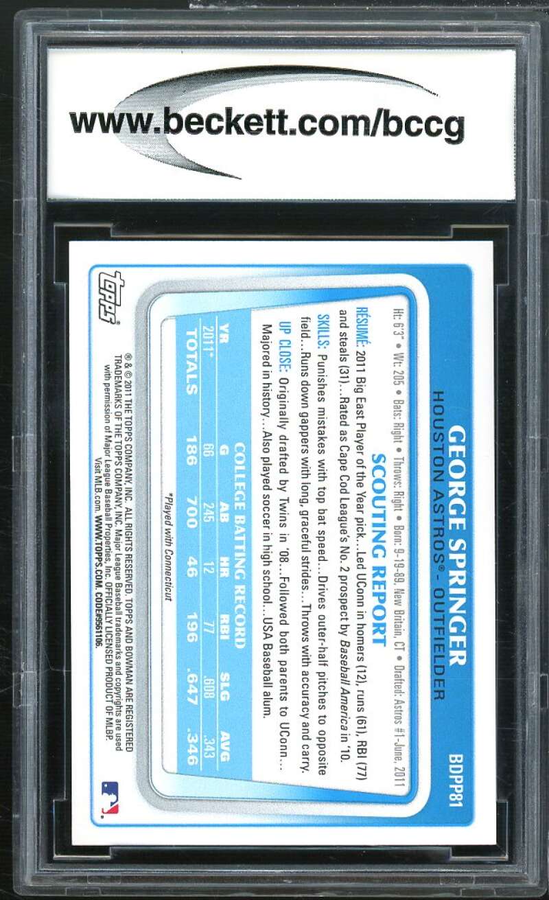 George Springer Rookie Card 2011 Bowman Draft Prospects #BDPP81 BGS BCCG 10 Image 2