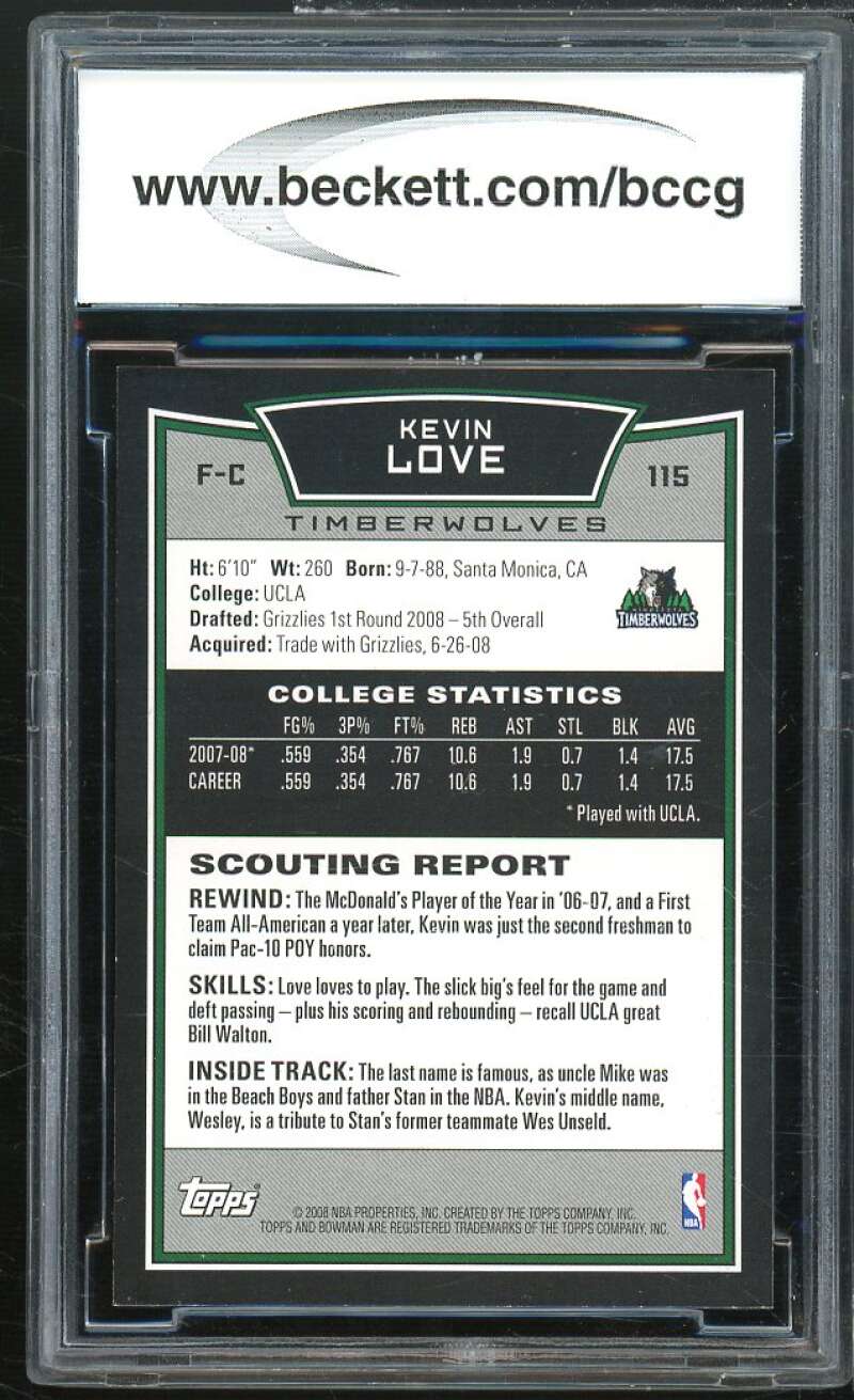 Kevin Love Rookie Card 2008-09 Bowman #115 BGS BCCG 10 Image 2