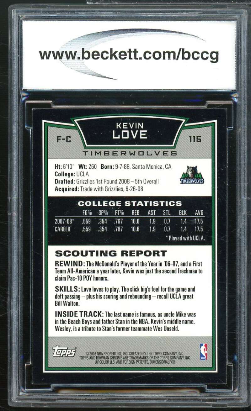 Kevin Love Rookie Card 2008-09 Bowman Chrome #115 BGS BCCG 10 Image 2