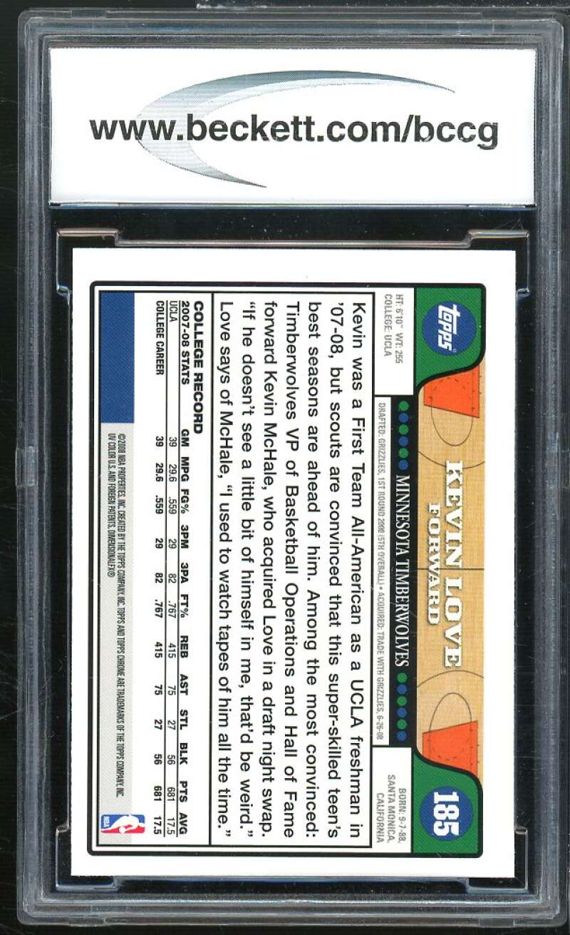 Kevin Love Rookie Card 2008-09 Topps Chrome #185 BGS BCCG 9 Image 2