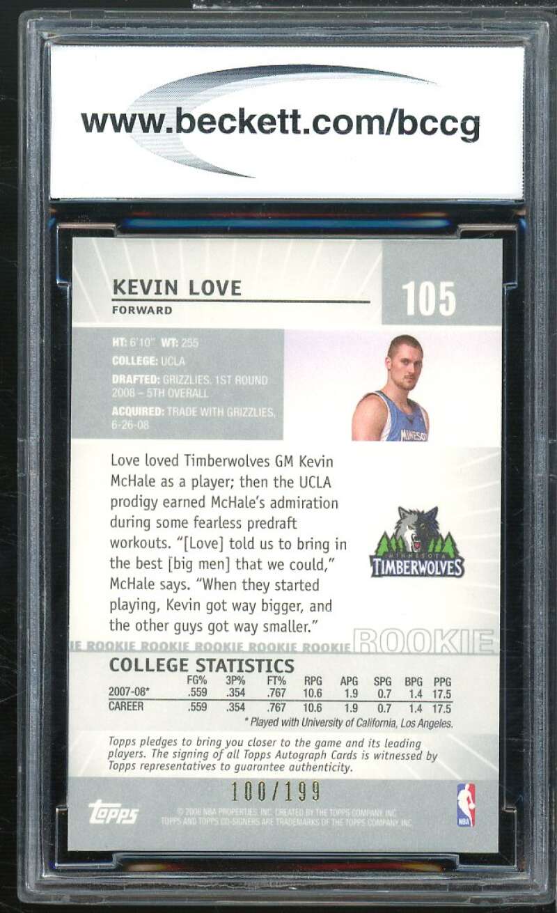 Kevin Love Rookie Card 2008-09 Topps Co-Signers Silver #105 BGS BCCG 10 Image 2